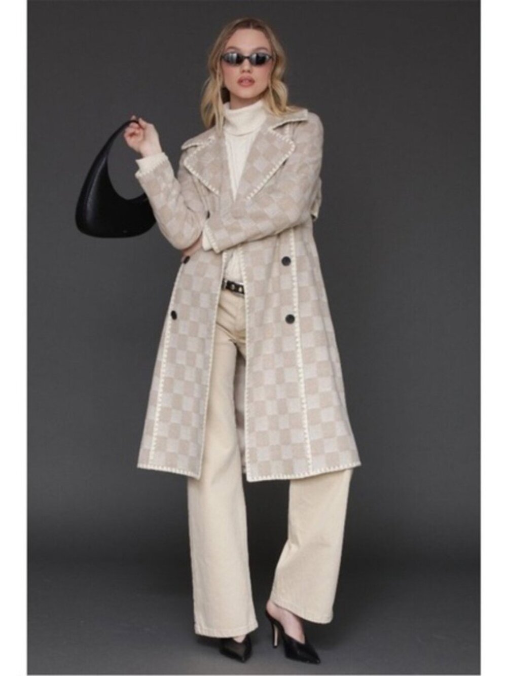 New Avec Les Filles Wool Blnd Checkered Blanket Stitch Coat XS $290